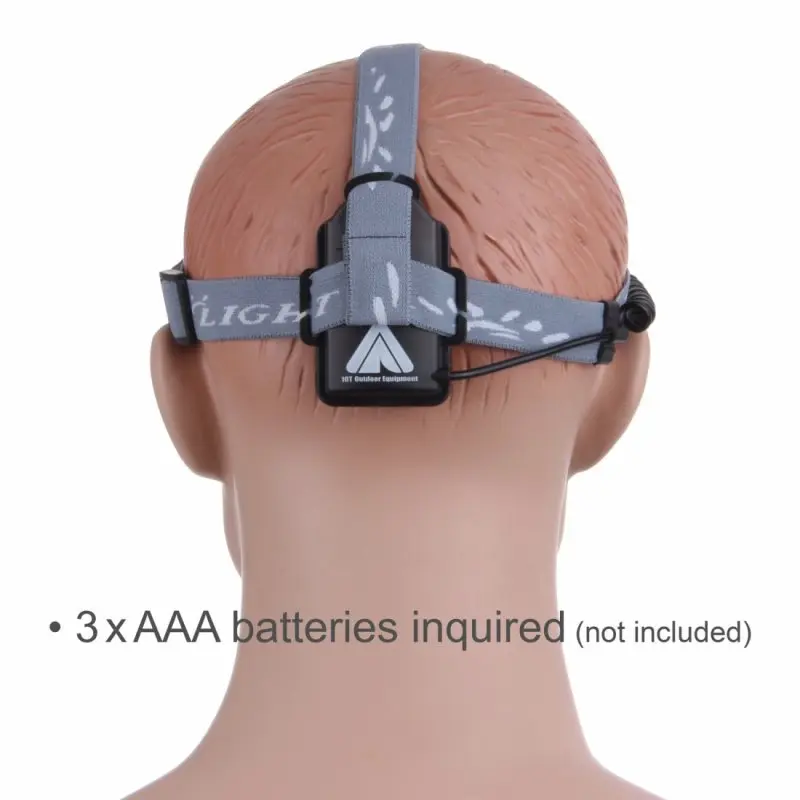 Back view of the 10T SHL 170 sensor headlamp on a mannequin, showing adjustable grey head straps and battery compartment; "10T Outdoor Equipment" logo visible; requires 3 AAA batteries (not included).