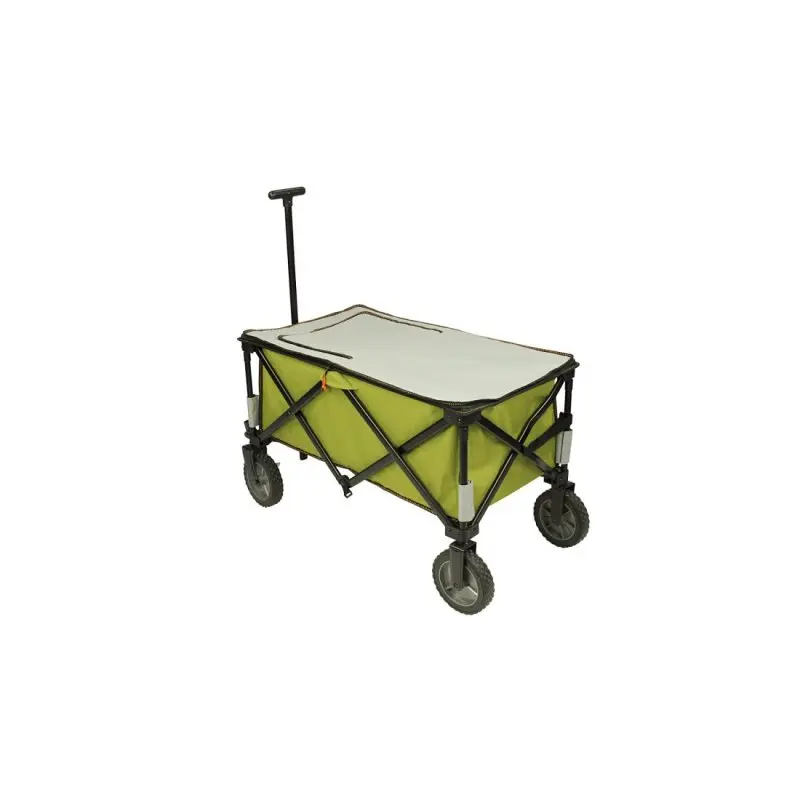 Carro plegable 10T Cooler Trolley XL con estructura negra, bolsa isotérmica verde y tapa gris, cuatro ruedas robustas y asa extensible, ideal para playa, picnic y actividades al aire libre.