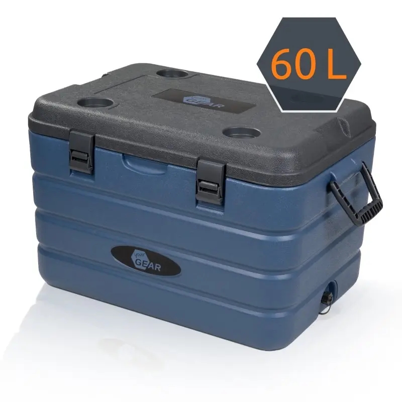 Glacière isotherme yourGEAR Coolah 60 L, couleur bleue avec couvercle noir, poignées latérales, fermetures solides et logo visible. Grande capacité pour conserver aliments et boissons au frais ou au chaud.