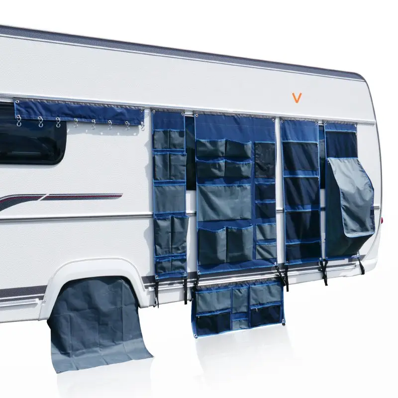 Organizer da caravan your GEAR Mesh, appeso su caravan, colore blu, con 4 ampi scomparti e numerose tasche in rete, dimensioni 140 x 45 cm, ideale per organizzare oggetti in campeggio o nel camper.