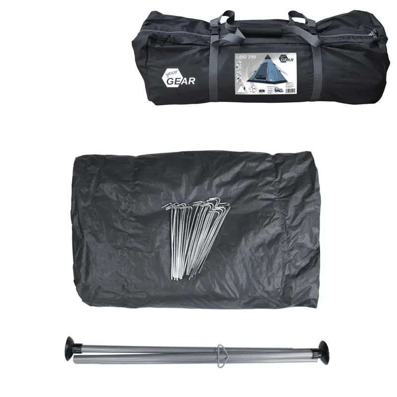 Sac de transport your GEAR Lido 290 avec piquets de tente, toile et mât en métal, idéal pour tipi 3 personnes, camping, montage facile, accessoires inclus, couleur noire, compact et léger.