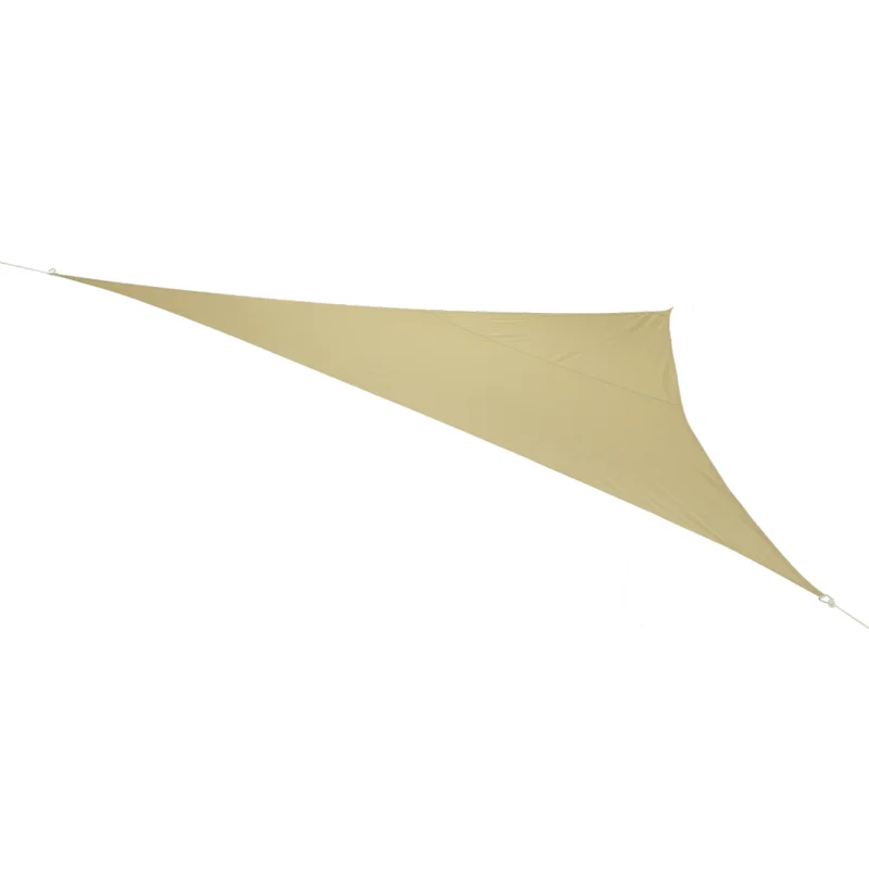 Tarp triangulaire 10T Wilson beige, 3,6 m de côté, imperméable, résistant aux intempéries, protection UV 80+, idéal pour terrasse, jardin ou camping, avec œillets de fixation aux extrémités.