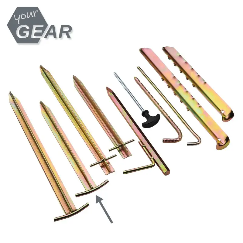 Set of 8 your GEAR TT 300 steel tent pegs, T-profile, robust ground stakes measuring 300 x 80/25 x 20mm, shown with pointed ends and flat T-shaped heads, suitable for secure tent anchoring.