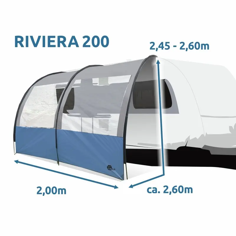 Vorzelt your GEAR Riviera 200, 2 x 2,6 m, mit Panoramafenstern, UV 50+ Sonnendach, passend für Wohnwagen oder Wohnmobil, gezeigte Maße: 2,00 m Tiefe, 2,60 m Breite, 2,45–2,60 m Höhe.