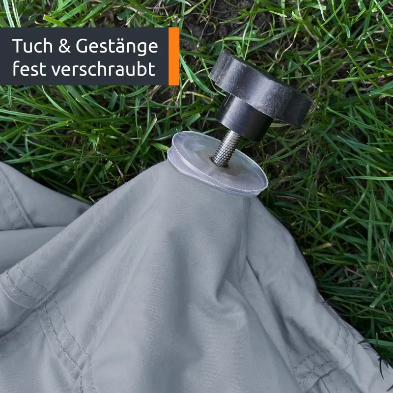 Close-up of grey star tent fabric and sewn hem on grass, showing metal threaded fastener with black plastic knob securing the your GEAR Sonora PES pavilion pole and waterproof canopy corner.