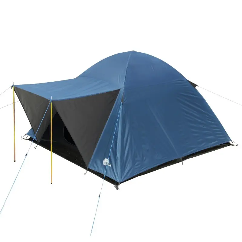 Tente yourGEAR Bosa 3 personnes, forme dôme, couleur bleu et gris, entrée avec auvent pare-soleil, ventilation, tissu imperméable 3000 mm, idéale pour camping ou festival.