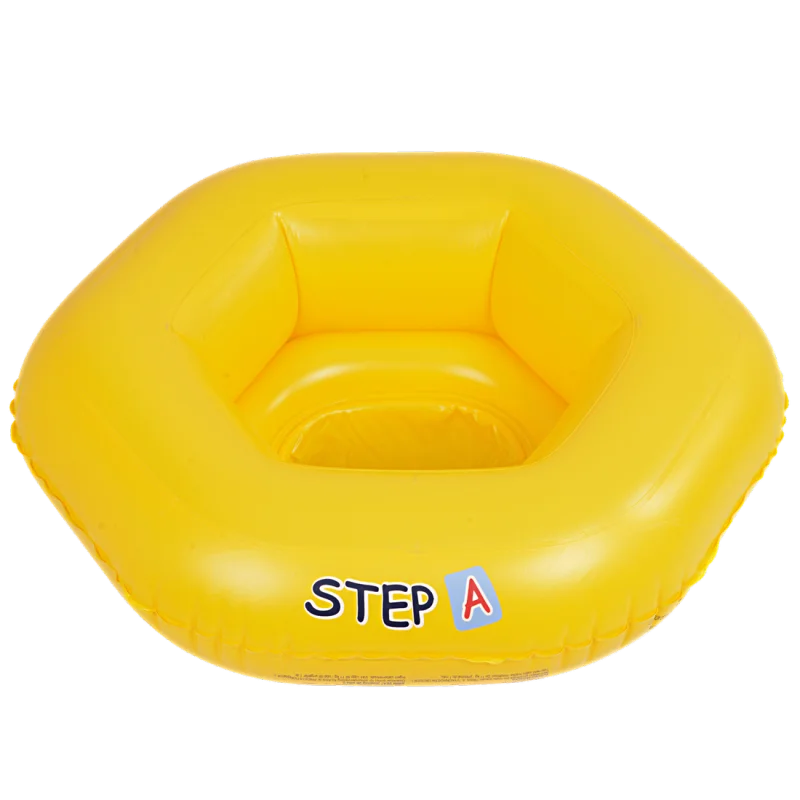 Asiento inflable para bebé Jilong de PVC amarillo, con forma hexagonal, tres cámaras de aire, base tipo pañal y texto “STEP A” en el borde, ideal como flotador de natación para bebés hasta 11 kg.