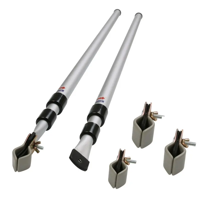 2 teleskopierbare Andruckstangen aus Aluminium mit schwarzen Verstellringen und vier graue Klemmen, geeignet als Rear Upright Pole Set für Vorzelte und Caravan, Länge 108–260 cm, your GEAR.