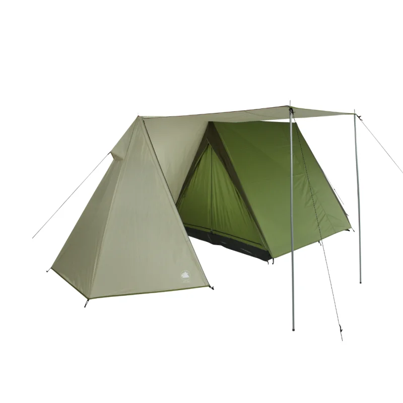 Tente 10T Mungaroo 3 personnes, couleur vert et beige, avec grande abside et auvent, entrée frontale, hauteur debout, adaptée au camping familial, imperméable 3000 mm, structure robuste.