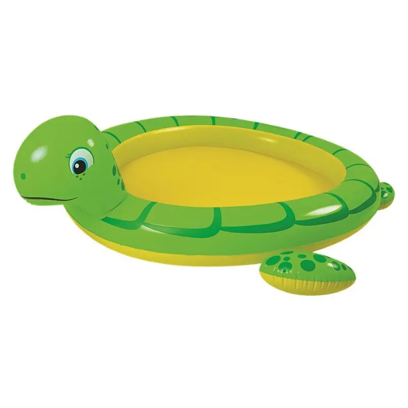 Piscine pour enfants Jilong Turtle Spray Pool 215x189 cm, forme tortue verte et jaune, avec tête et pattes, design ludique, fonction arrosage, raccordement tuyau d’arrosage, idéale jardin été.