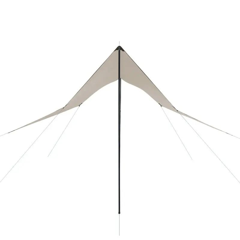 yourGEAR Sonnensegel Atrani 3x3 m in Beige-Grau, viereckig aufgespannt mit zwei schwarzen Aufstellstangen und Abspannleinen, wasserdicht, ideal für Camping und Garten, UV-Schutz 50+.
