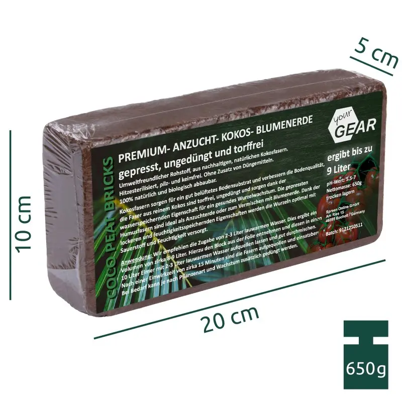 Gepresster Block yourGEAR Kokoserde, Maße 20x10x5 cm, Gewicht 650g, für 9 Liter Erde, torffrei, ungedüngt, nachhaltige Kokosfasern, Produktverpackung mit grüner Beschriftung und Herstellerlogo sichtbar.