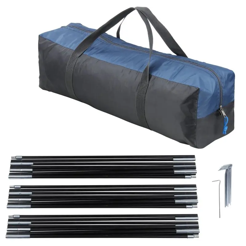 Sac de transport bleu et gris pour tente your GEAR Cetona 5 personnes, avec arceaux noirs et sardines en métal, idéal pour le camping en famille, facile à transporter et à monter.