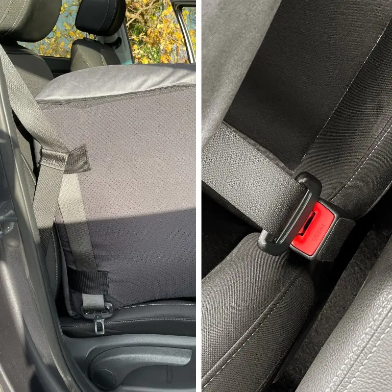 your GEAR Frontera dog car seat on a car seat, showing adjustable straps, high side walls, and secure seat belt attachment for safe transport on front or rear seats; close-up of seat belt buckle.