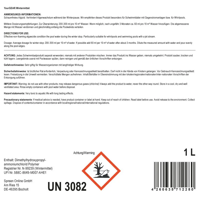 yourGEAR 1 L WinterCare Pool Winterizing Concentrate; white label with detailed instructions, hazard symbol, barcode, and product information; suitable for pool and whirlpool winter care; non-foaming algaecide.