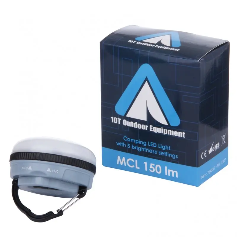Blue 10T MCL 150 compact camping LED lamp with 150 lumens, three LEDs, magnetic base, and carabiner hook, shown next to its branded packaging. Ideal for outdoor use and portable lighting.