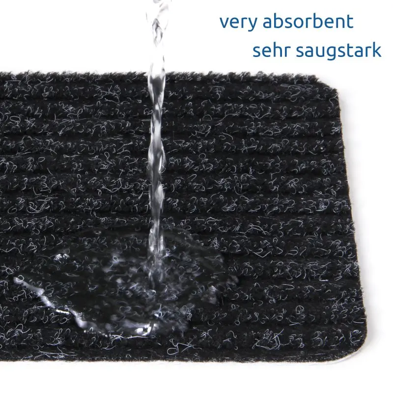 Tapis de marche d’escalier yourGEAR gris foncé 76x20cm, surface absorbante, démonstration d’absorption d’eau, bords arrondis, revêtement antidérapant TPR, idéal pour sécuriser les escaliers.