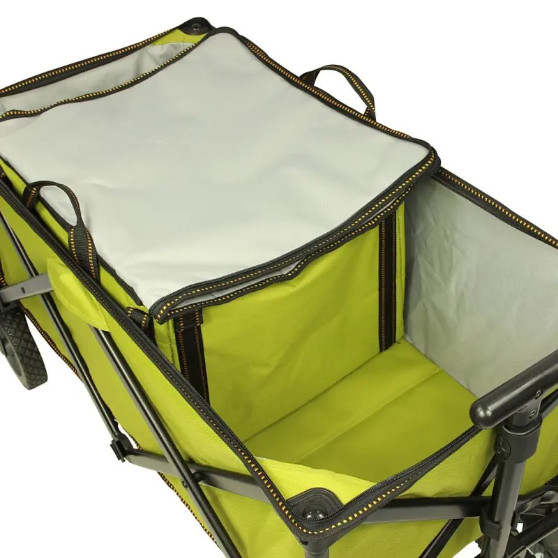 Carro plegable de playa 10T Cooler Trolley en color verde con estructura negra, incluye compartimento isotérmico con tapa y cremalleras, ideal para picnic, excursiones y transporte de alimentos fríos.