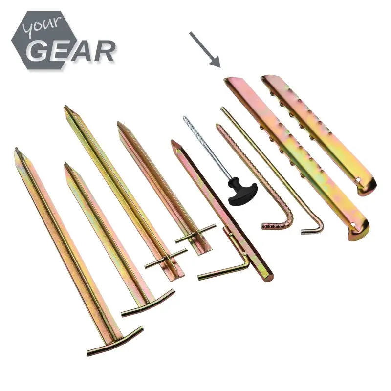 Zwölf your GEAR Zeltheringe VX 400 aus Stahl mit V-Profil und Widerhaken, 400 x 35 x 15 mm, in goldener Farbe, ideal zur sicheren Befestigung von Zelten, im Set mit unterschiedlichen Hering-Typen.
