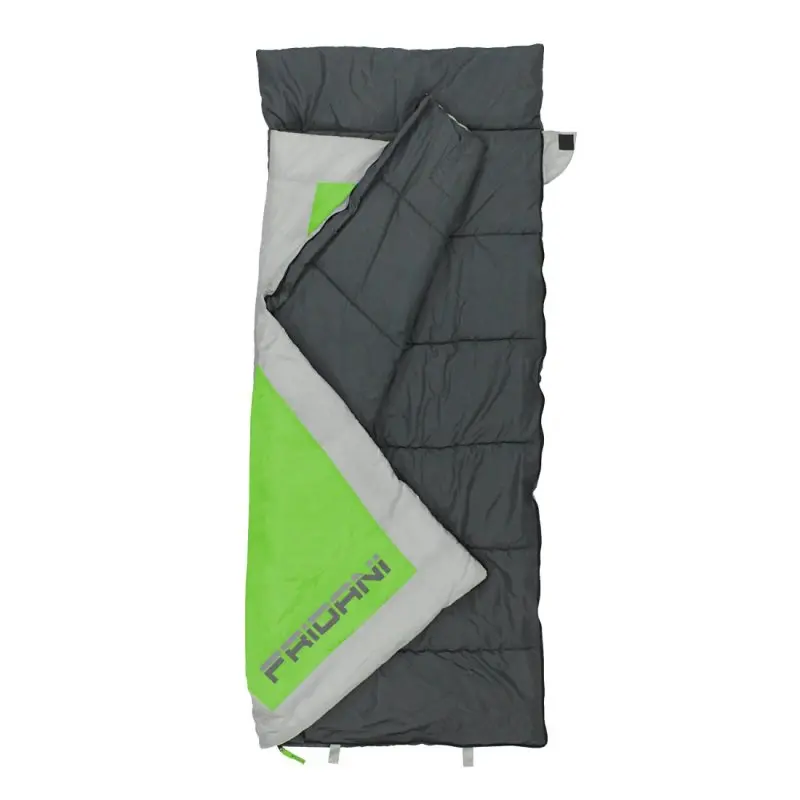 Sacco a pelo rettangolare grigio con interno verde e grigio chiaro, parzialmente aperto, marchio "FRIDANI" visibile nell'angolo.