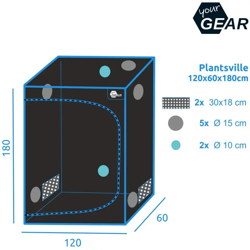Growzelt yourGEAR Plantsville 120x60x180 cm, schwarzes Indoor-Zuchtzelt mit Lüftungsöffnungen, Sichtfenstern und Netzflächen, ideal für Pflanzenanzucht und Hydrokultur, grafische Darstellung mit Maßen.