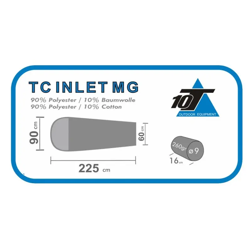 Etichetta informativa del sacco lenzuolo 10T TC INLET MG verde, dimensioni 225x90 cm, materiale 90% poliestere e 10% cotone, peso 260 g, forma a mummia, logo 10T Outdoor Equipment.