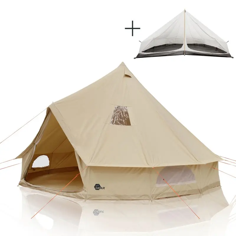 Tipi-Zelt your GEAR Desert 8 Pro aus beigem Baumwoll-Mischgewebe mit Fenstern, Schlafkabine und Rund-Um-Insektenschutz, UV50+, geeignet für 4-8 Personen, abgebildet mit separater Innenkabine.