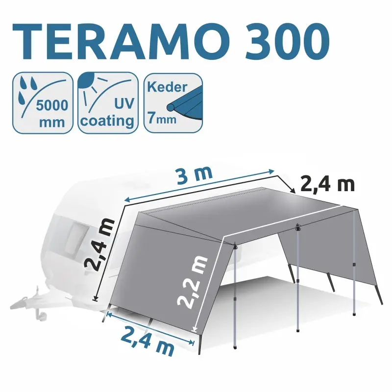 Toldo para caravana your GEAR Teramo 300 gris con laterales, medidas 3x2,4 m, impermeable 5000 mm, protección UV 50+, varillas de aluminio y keder de 7 mm, ideal como avance o techo solar.