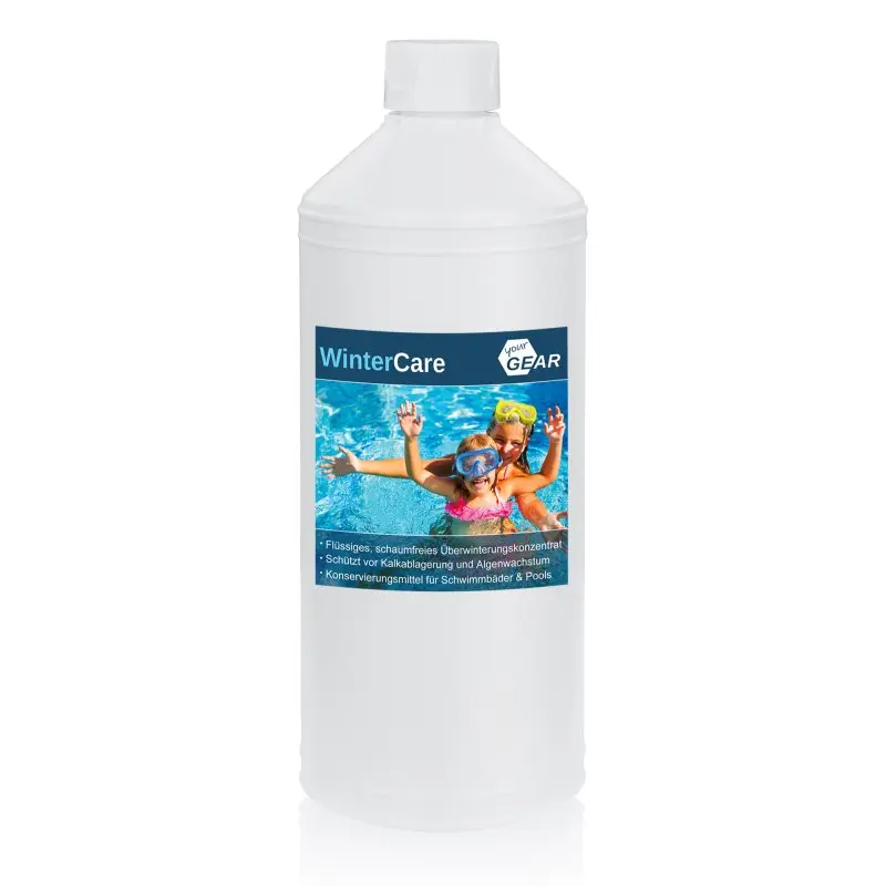 yourGEAR 1L WinterCare pool winterizing concentrate bottle, white with blue label showing swimmers, product for preventing algae and limescale in pools, foam-free, for winter pool maintenance.