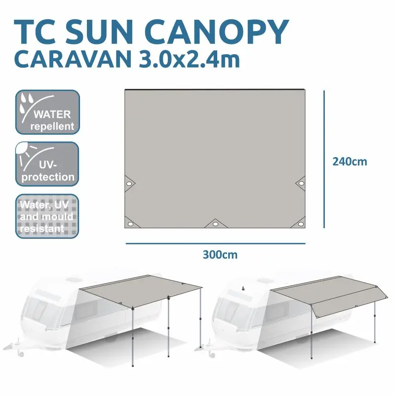 Auvent pour caravane your GEAR 300x240 cm, tissu coton mélangé, résistant à l’eau, UV et moisissure, livré avec 3 mâts télescopiques en aluminium, illustré installé sur une caravane.