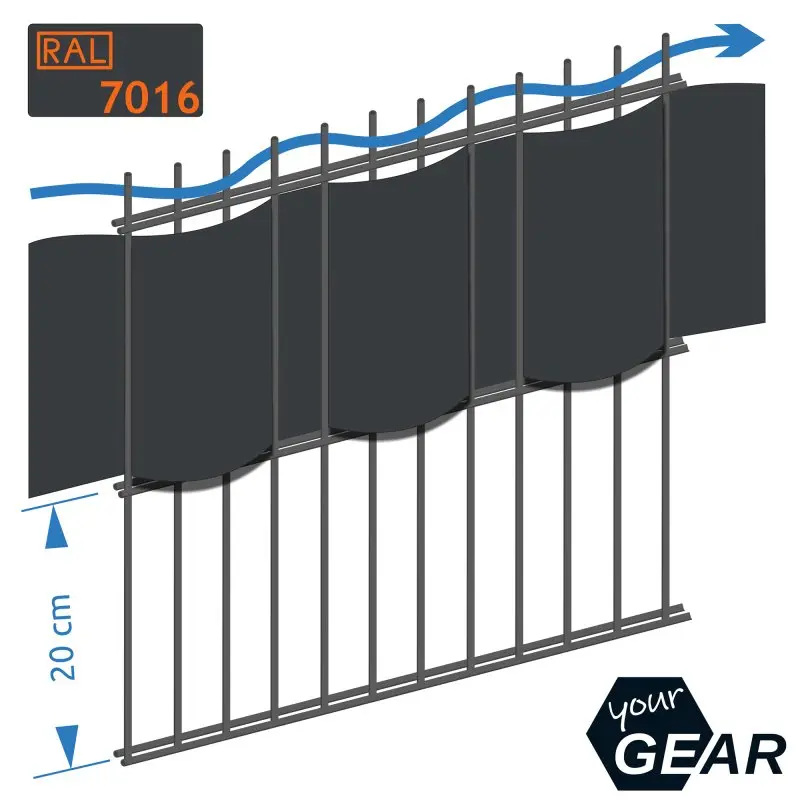 Bande de protection visuelle yourGEAR en PVC rigide gris anthracite RAL 7016, 252x19 cm, installée sur un panneau de clôture à double fil, texture ondulée, indication de hauteur 20 cm, logo yourGEAR en bas à droite.
