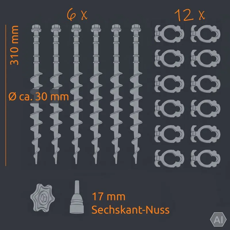Six piquets vis your GEAR gris 31 cm alignés avec filetage hélicoïdal épais et douilles/attaches en acier à droite, fond sombre, indication orange «6x» et dimensions, kit pour sols sableux et meubles de camping.