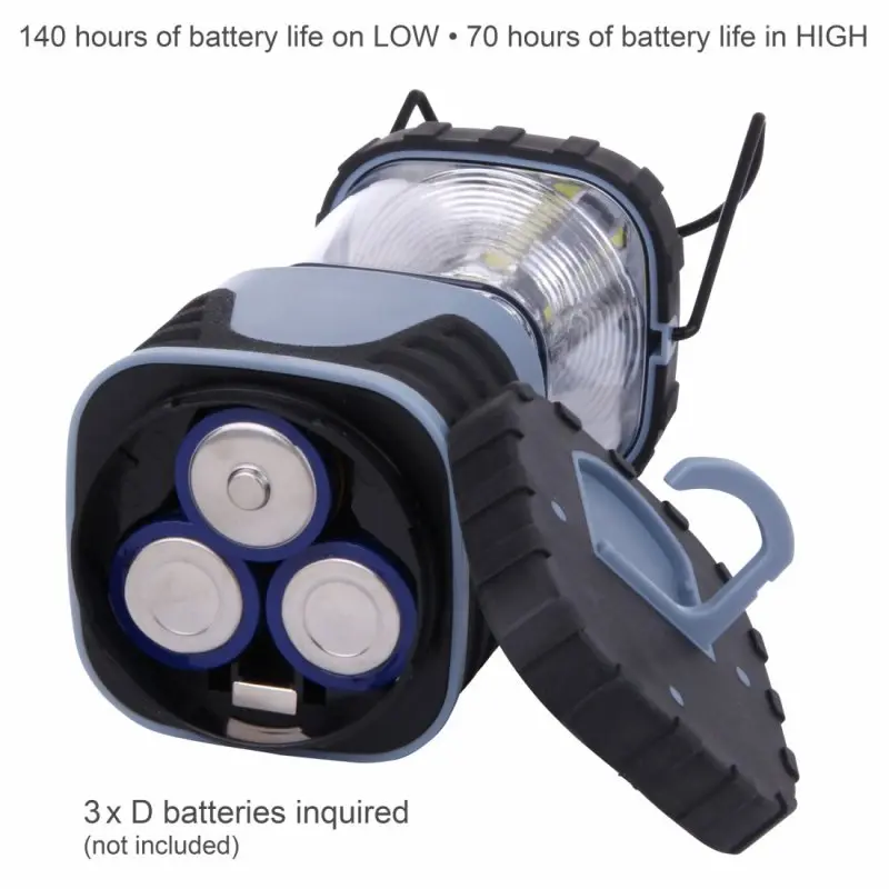 Blue 10T HPL 500 camping lantern with 4 COB LEDs, 500 lumens, open battery compartment for 3 D batteries (not included), rubberized bottom, and carrying handle, suitable for outdoor use.