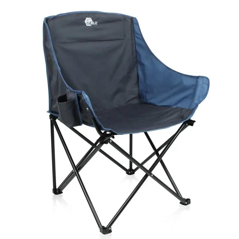 yourGEAR Bari XXL Camping Faltstuhl in Dunkelblau mit klappbarem Metallgestell, breiter Sitzfläche, hoher Rückenlehne und integriertem Getränkehalter an der Seite, geeignet bis 140 kg Belastung.
