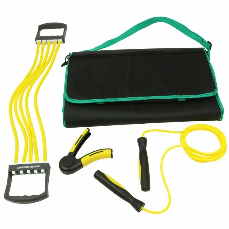 Carnegie Fitness training set with yellow expander, finger grip, yellow jump rope with black handles, and a black exercise mat with green trim and carry strap, ideal for full-body workout.