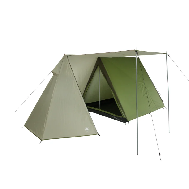 Tente de camping 10T Mungaroo 3 places, structure en forme de maison avec auvent, tissu vert imperméable, espace de vie debout, adaptée aux familles et activités outdoor, poteaux robustes inclus.