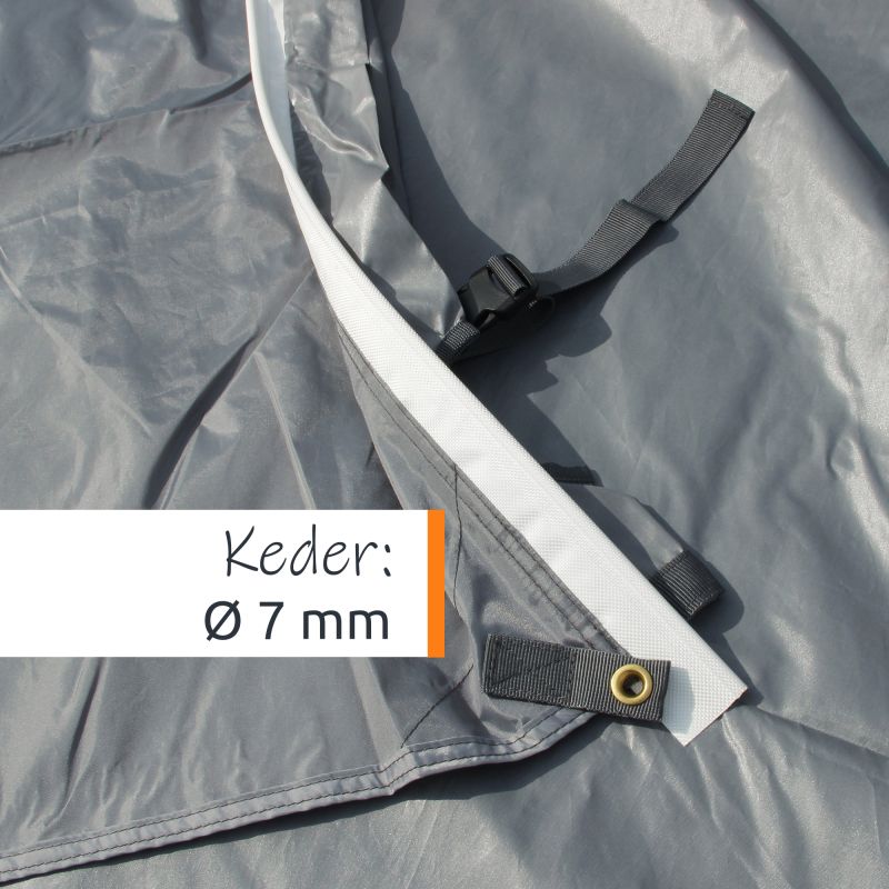 Toldo gris your GEAR Cavoli con borde reforzado blanco, ojales metálicos dorados y correas de sujeción negras con hebilla, detalle de costuras y material impermeable UV50+ para autocaravana (260x240 cm).