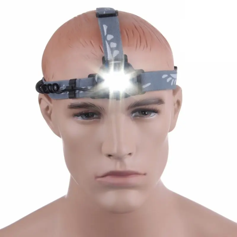 Blue 10T SHL 170 sensor headlamp with CREE XP-E R3 LED, emitting bright light, shown on a mannequin head with adjustable grey head straps. Ideal for outdoor activities, 170 lumens, 120m range.