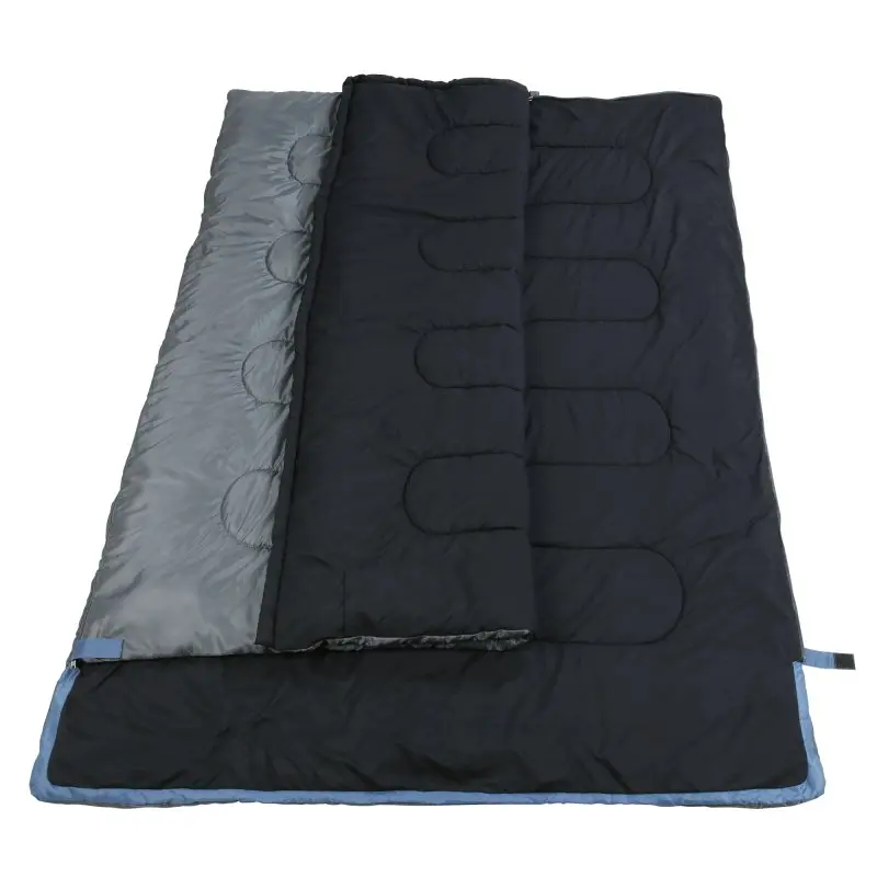your GEAR Marin 2-person sleeping bag, black and grey, 220x150 cm, rectangular shape, extra warm with quilted pattern, suitable for 3-4 seasons, water-repellent outer material, large head section.