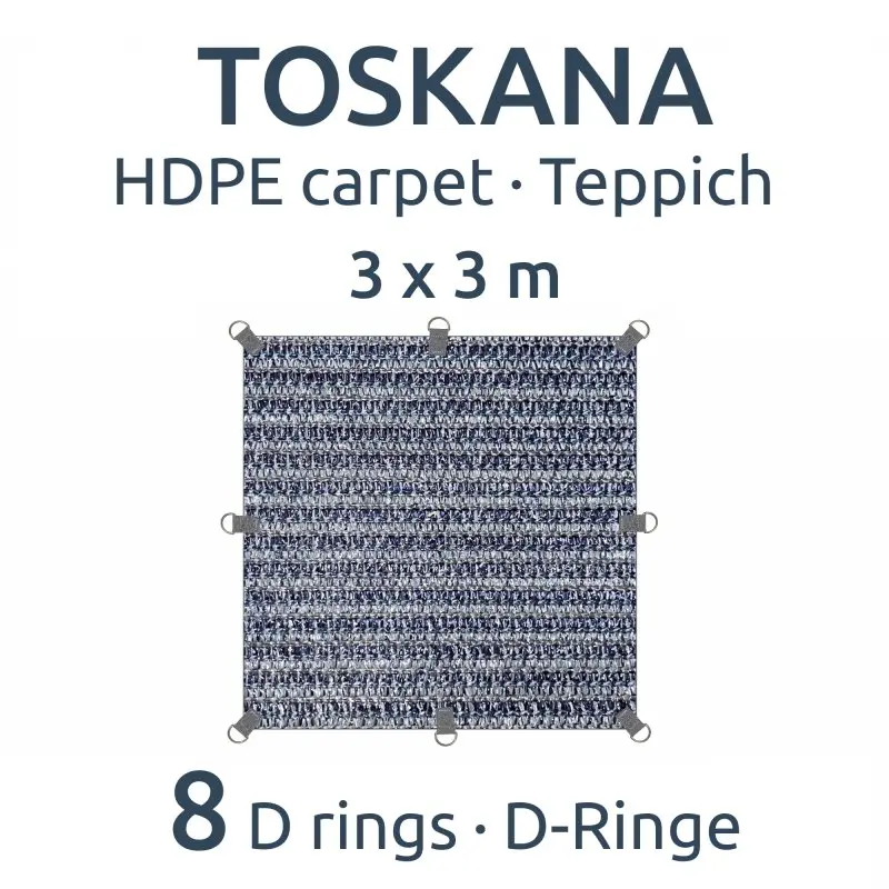 your GEAR Toskana HDPE outdoor carpet 300 x 300 cm in grey-blue, breathable and weatherproof with 8 D-rings for secure attachment, shown from above for camping or awning use.
