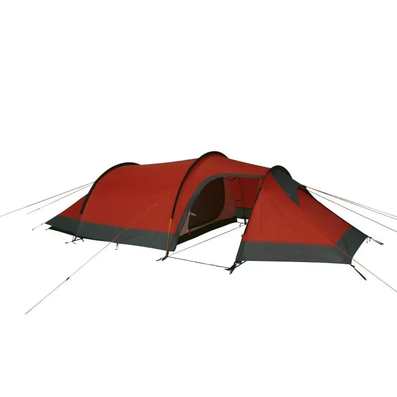 Tente de trekking 10T Silicone Valley pour 3 personnes, imperméable 5000mm, couleur rouge et gris, forme tunnel avec abside, haubans de fixation, idéale pour camping et randonnées.
