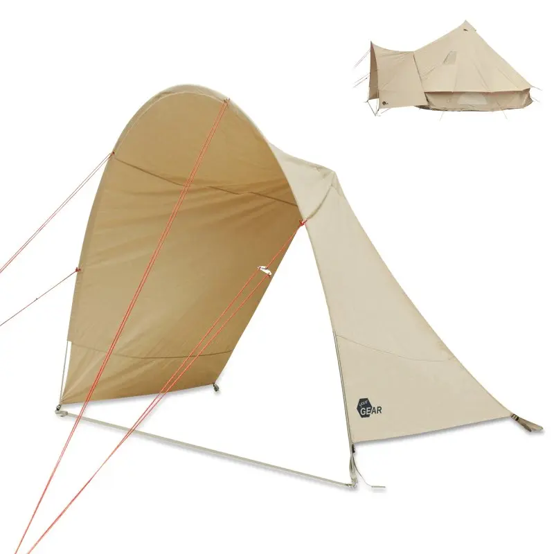 Zelt your GEAR Desert 8 Pro UV50+ aus beigefarbenem Baumwoll-Mischgewebe, geräumiges Tipi-Familienzelt für 4–8 Personen mit großem Vordach, Rund-um-Insektenschutz und wannenförmigem Boden.