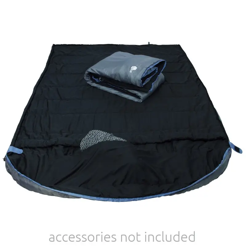 Sac de couchage double yourGEAR Ostria Duo bleu et gris, format couverture 230x160 cm pour 2 personnes, léger et compact, adapté jusqu’à -3°C, présenté ouvert avec un sac de compression plié.