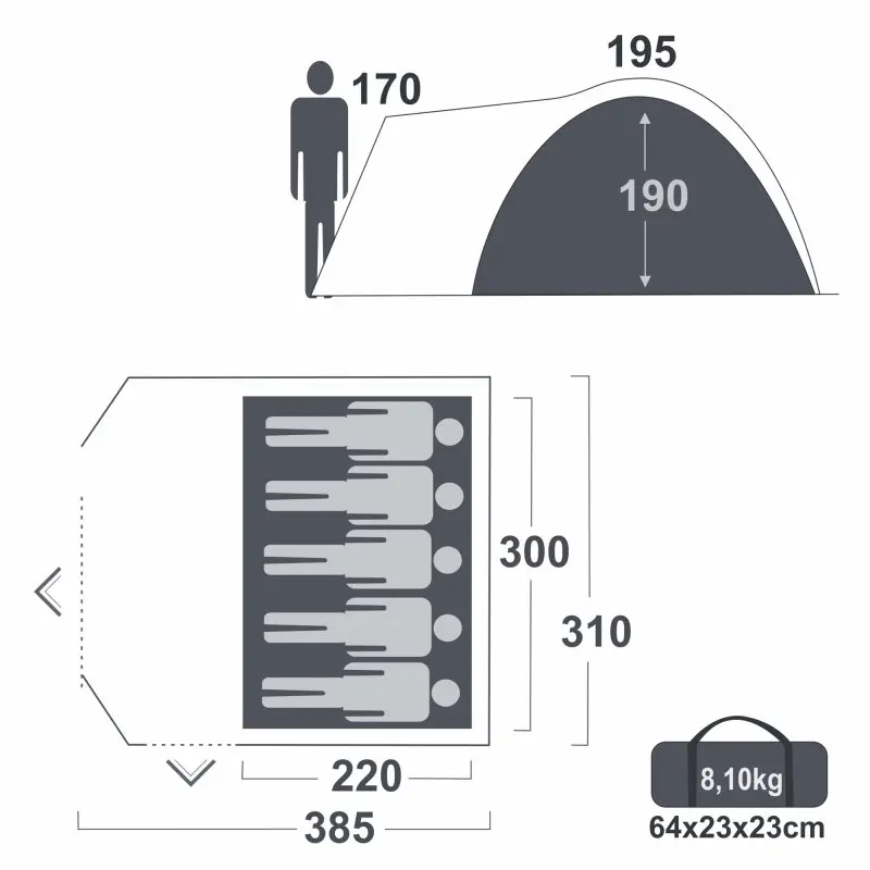 Schéma du your GEAR Cetona 5, tente dôme pour 5 personnes, hauteur 195 cm, espace intérieur 300x220 cm, deux entrées, poids 8,1 kg, dimensions pliée 64x23x23 cm, couleur bleu et gris.