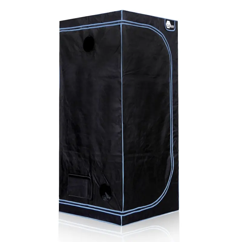 Growzelt yourGEAR Plantsville 80x80x180 cm, schwarzes Indoor Zuchtzelt mit blauen Nähten, Belüftungsöffnungen und Logo, geeignet für Pflanzenanzucht und Indoor-Gartenbau.