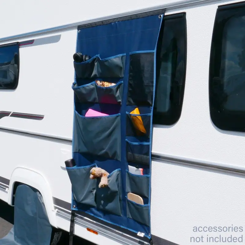 Organisateur de caravane your GEAR Tablet bleu, 140 x 85 cm, 12 poches, suspendu à l’extérieur d’un camping-car pour le rangement, idéal pour camping, tente ou auvent. Accessoires non inclus.