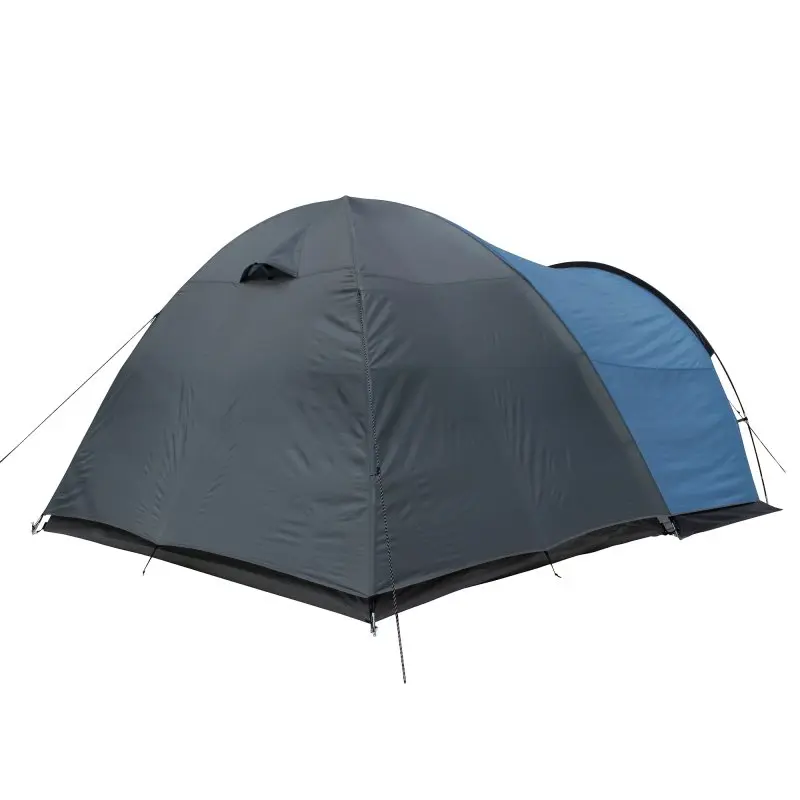 Tente dôme your GEAR Tivano 5 personnes bleu et gris, grande hauteur intérieure, entrée latérale, fenêtres, sol séparé, adaptée au camping familial, imperméabilité 5000 mm, vue sur l’extérieur fermé.