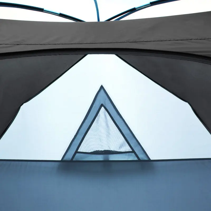 Close-up of the your GEAR Tivano 3-person dome tent showing the triangular mesh window for ventilation, blue and grey waterproof fabric, and sturdy pole structure. Ideal for camping and festivals.
