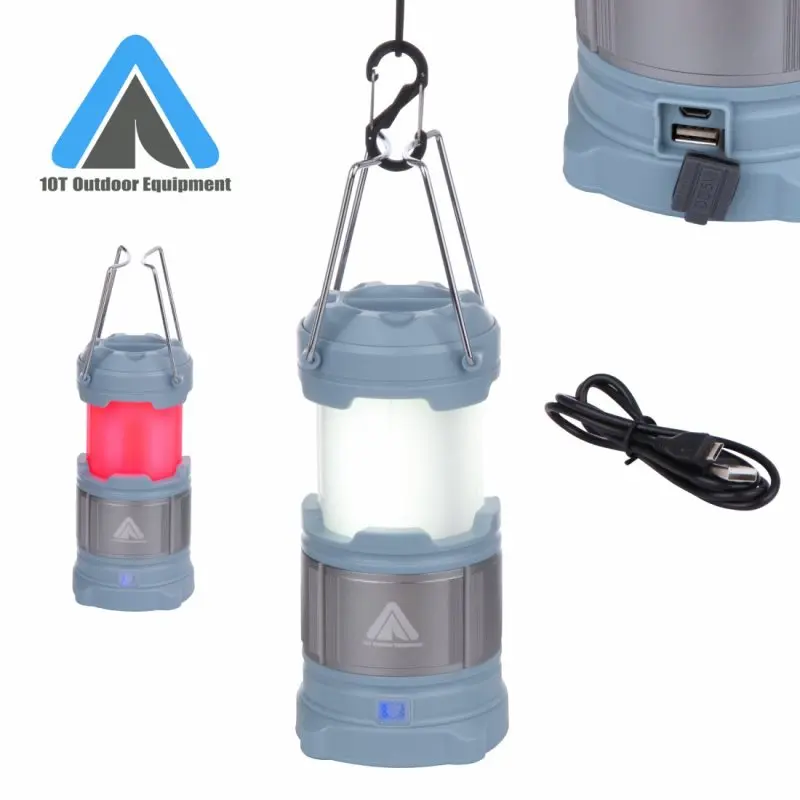 Blue 10T CPL 185 camping lantern with 15 LEDs, 185 lumens, 4800mAh power bank, USB port, metal hanging handle, and included charging cable. Shows white and red light modes. 10T Outdoor Equipment logo visible.