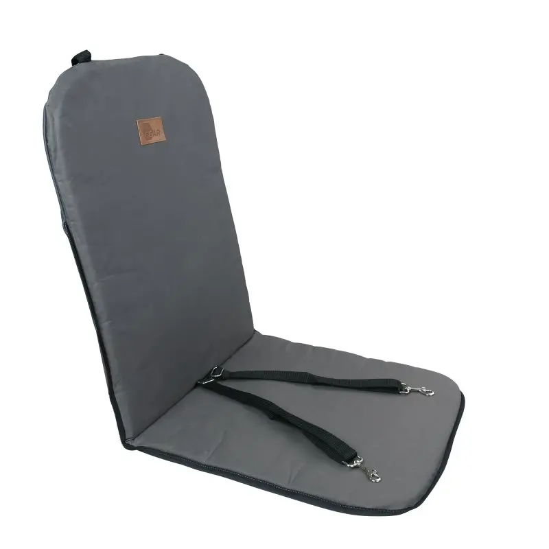 your GEAR Frontera dog car seat in grey with padded cushion, high backrest, two adjustable safety leashes, and a leather logo patch; suitable for front or rear seat installation in cars.
